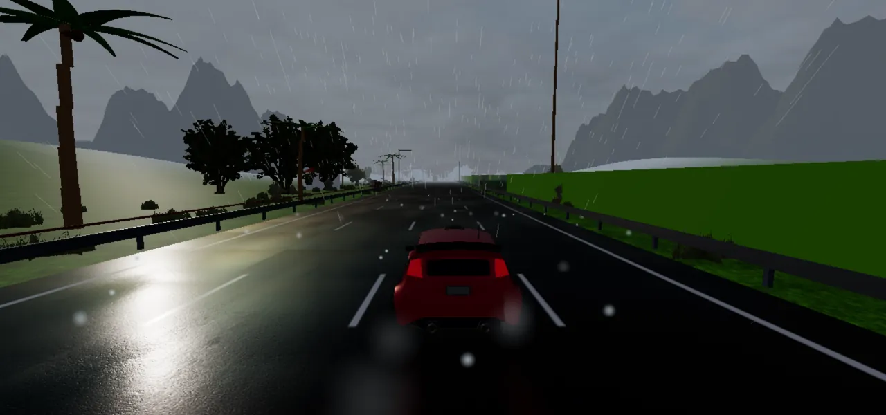 Carretera tropical con lluvia al atardecer